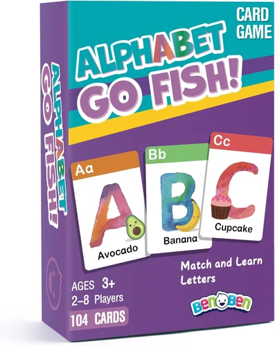 BenBen Juego de cartas Alphabet Go Fish para niños, 104 cartas, cartas de aprendizaje ABC de gran tamaño, juegos de memoria a juego, 2 a 8