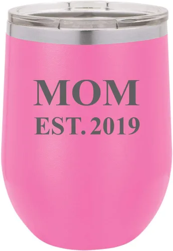 Vista 5 de Mom Established Est. 2019 Stainless Steel Engraved Insulated 12 oz Double-Walled Wine Tumbler with Clear Plastic Lid, Black
