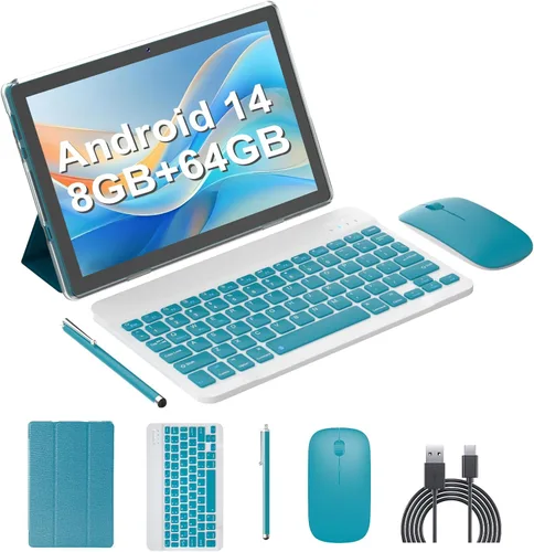 Vista 9 de Tableta Android 14 Tabletas 2 en 1 de 10 Pulgadas Tableta con Teclado, Ratón, Estuche, Lápiz Capacitivo, 10.1" Tab, 8GB+64GB, Soporte de Expansión