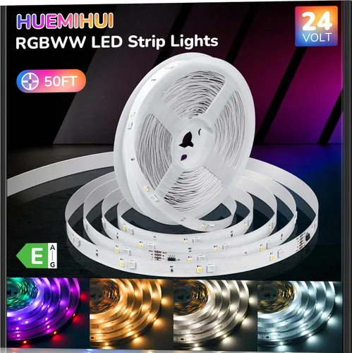 Vista 7 de Tira de luces LED RGBWW+IC de 50 pies, regulable, multicolor, 3000K-6500K luces LED con control remoto, cinta RGB autoadhesiva que cambia