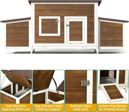 Vista 3 de DWVO Gallinero de madera maciza para 4 a 6 pollos, corral de madera al aire libre con 2 cajas nido, jaula de aves de corral, conejera, pato