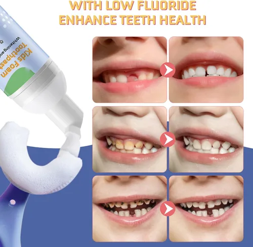 Vista 4 de Pasta de dientes de espuma para niños, pasta de dientes para niños pequeños con bajo contenido de flúor, pasta de dientes para niños en forma de U