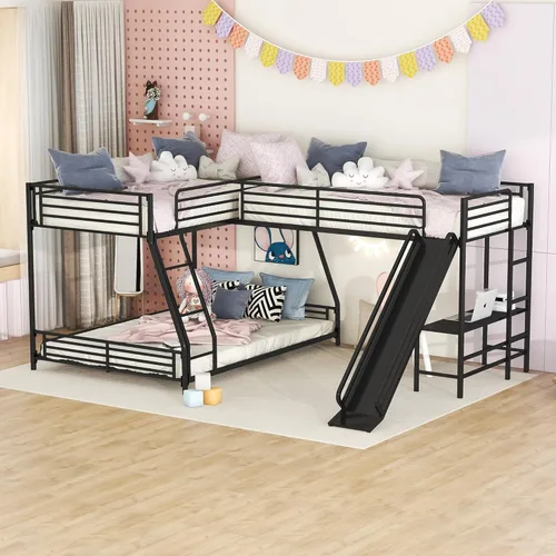 Bellemave Literas triples, literas en forma de L de tamaño individual sobre cama matrimonial adjunta a una cama alta con escritorio, literas triples