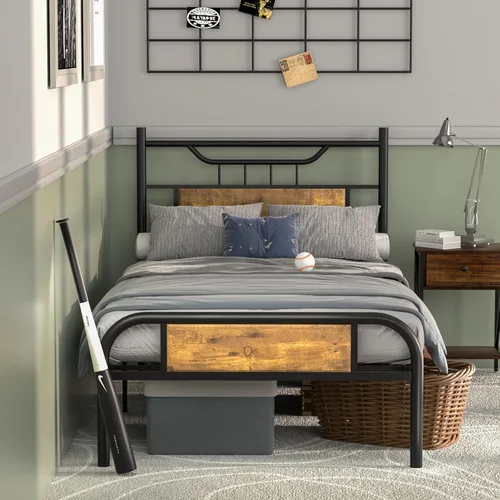 Vista 5 de VECELO Base de cama de tamaño individual con cabecero y estribo de madera, base de colchón con listones de metal fuertes y soporte antideslizante