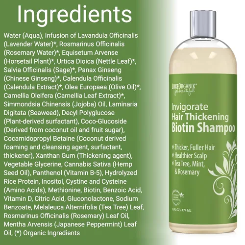 Vista 6 de Champú espesante de biotina para adelgazar el cabello, fórmula orgánica voluminizadora con menta, árbol de té y romero para un crecimiento saludable