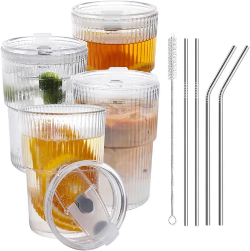 Vista 10 de Juego de 2 tazas de café helado con tapas y pajitas, vasos de plástico irrompibles de 16 onzas para bebidas reutilizables vaso de café helado
