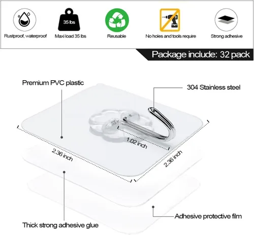 Vista 2 de ZESLMG Ganchos de pared adhesivos para colgar, paquete de 32 ganchos autoadhesivos resistentes de 10kg transparentes, removibles, sin daños