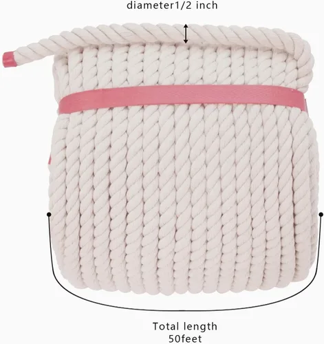 Vista 3 de Cuerda de algodón 10% (1/2 pulgada x 50 pies), cuerda de algodón suave y fuerte para manualidades, deportes, decoración de bodas, cestas de flores