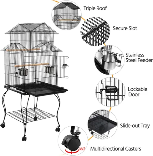 Vista 4 de Yaheetech Budgie Cage jaula de 55 pulgadas con triple techo mediano para loros para mascotas con soporte desmontable para cacatúas, periquitos