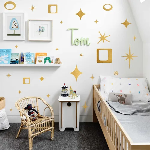 Vista 4 de Calcomanías de pared de estrellas retro, calcomanías de pared de óvalos y cuadrados, calcomanías geométricas para paredes, calcomanías de vinilo