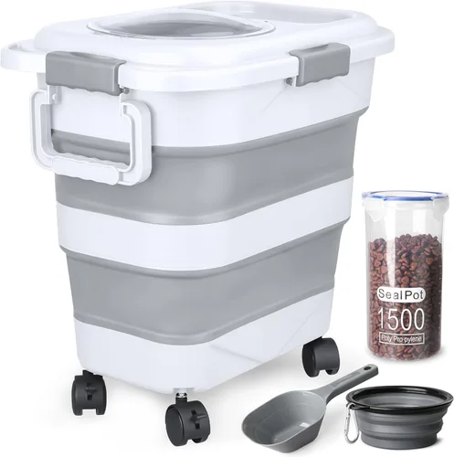 Vista 10 de Contenedor de almacenamiento de alimentos para perros, 10 a 20 libras, hermético, plegable, con ruedas acoplables, asa portátil, cuchara de comida