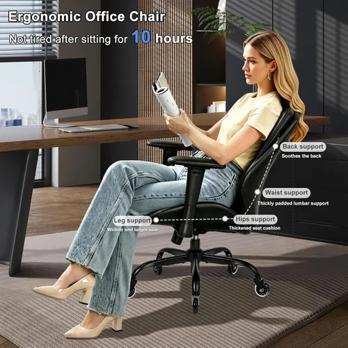 Vista 4 de BEWISHOME Silla de oficina con ruedas de goma, silla de oficina grande y alta, sillas de oficina ergonómicas, silla de escritorio ejecutiva, sillas
