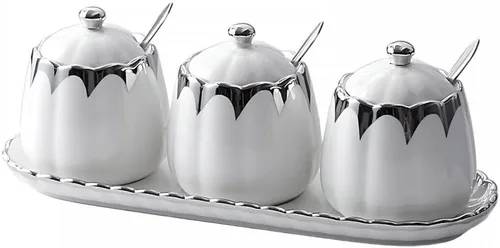 Vista 9 de Frasco de Condimentos de Porcelana Contenedor de Especias con Tapas, Cuchara y Bandeja, Juego de 3, Caja de Especias Moderna Frasco de Condimentos
