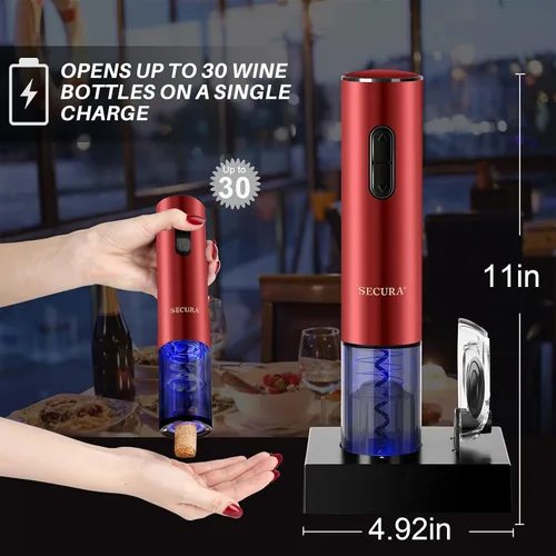 Vista 4 de Secura Abridor de vino eléctrico, sacacorchos eléctrico automático de botellas de vino con cortador de papel de aluminio, recargable (rojo)