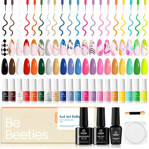 Beetles - Juego de esmalte de uñas de gel con líneas de arte, esmalte de uñas de gel en blanco, oro y rojo con purpurina, punta francesa neón, uñas