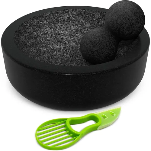 UMIEN Juego de Mortero y Maja de Granito - Molcajete de Piedra Natural de 8 Pulgadas con Herramienta para Aguacate - Capacidad de 3.5 Tazas para