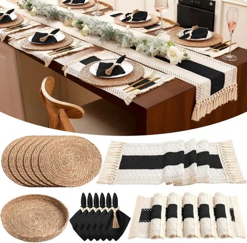6 juegos de manteles individuales boho redondos tejidos, servilletas de tela, anillos para servilletas con cuentas de madera, camino de mesa largo y