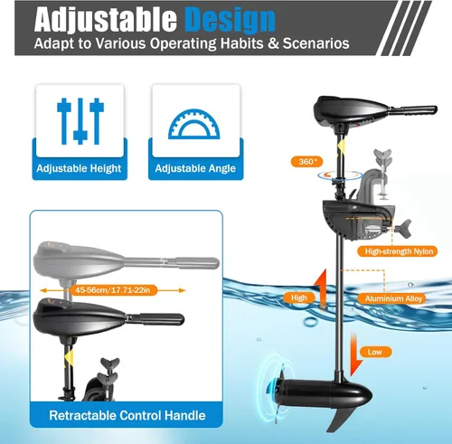Vista 6 de Motor de arrastre eléctrico de empuje de 12 V, 800 W, 1.2 HP, motor de arrastre de agua salada montado en el popa con mango ajustable para kayaks