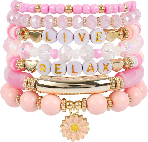 Bohemian Colorful Beaded Bracelets for Women Boho Stackable Natural Stone Letter Clay Glass Beads Stretch Bracelet Set with Charm, Cute Rainbow