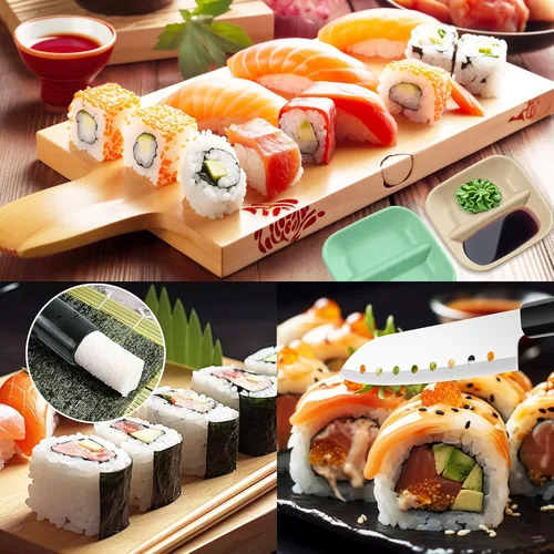 Vista 8 de Kit de fabricación de sushi, kit de 27 piezas para hacer sushi para principiantes, kit de rodillo de sushi, kit de sushi con alfombrilla de sushi