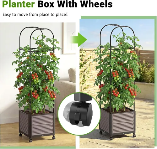 Vista 6 de DoCred Jardinera elevada de 60 pulgadas de alto con ruedas, maceta de tomate con enrejado para trepar verduras, plantas, jaula de tomate, uso