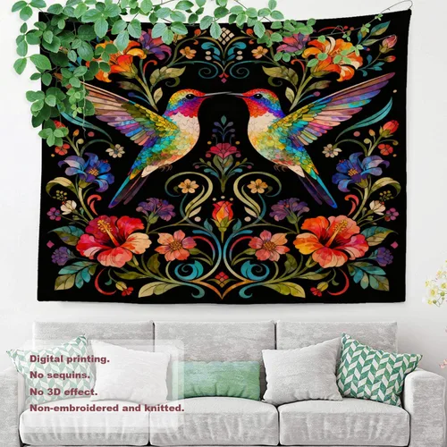 Vista 8 de Shrahala Flowers Beautiful Tropical Camomile Wall Tapestry, Colorful Humming Bird Wall Hanging Large Tapestry Decoration Polyester Fiber White Hem