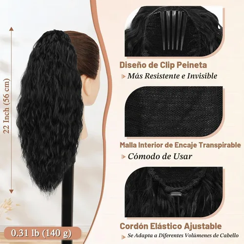 Vista 3 de BARSDAR Extensión de cola de caballo rizada ondulada con cordón negro marrón – 22 pulgadas de extensión de cabello sintético con peine de clip