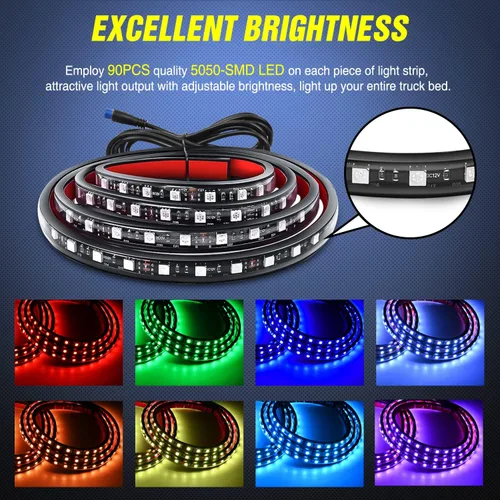 Vista 2 de Nilight Juego de 3 tiras de luz RGB de 60 pulgadas para cama de camión, 270 LED de neón de acento con control remoto RF, interruptor de encendido