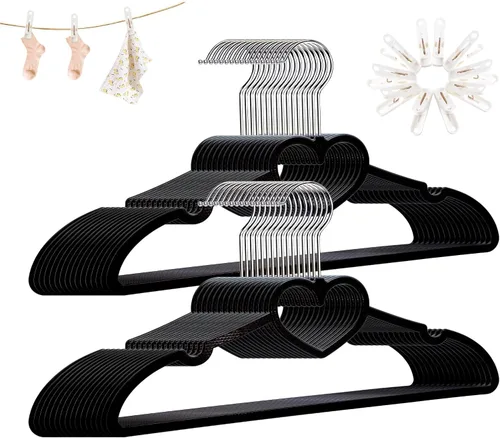 Vista 9 de perchas de plástico, paquete de 20 unidades, perchas negras delgadas y ultrafinas que ahorran espacio - Lindas perchas con gancho giratorio de 360
