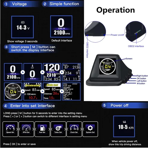Vista 4 de Geloo Pantalla frontal HUD para automóvil, pantalla HUD OBD2 con OBDII GPS Dual System OBD2 Velocímetro Medidor 8 modos Multifunción Medidor