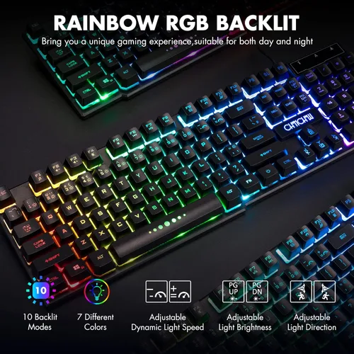 Vista 2 de CHONCHOW Teclado para juegos con cable para Mac, PC, PS5, PS4, Xbox One, teclado de sensación mecánica LED retroiluminado RGB con teclas multimedia