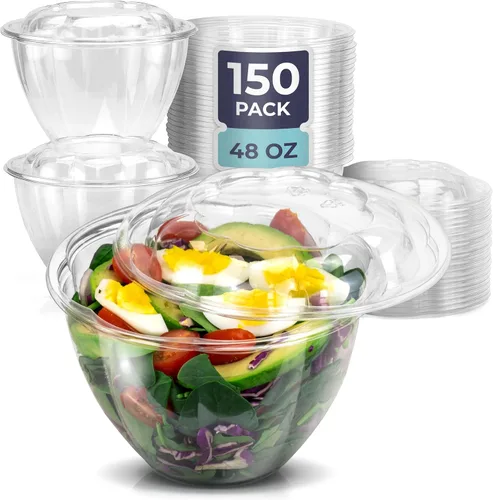 Vista 10 de Fit Meal Prep 50 unidades 18 onzas Tazones desechables de plástico transparente para ensalada con tapas herméticas - Para llevar para almuerzo