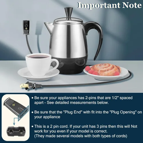 Vista 5 de HASMX Percolator Power Cord for Hamilton Beach Percolator Coffee Pot Urn Model 40514 40614 40622, Presto 2822 02822 02811 0281102 Percolator, 2pin