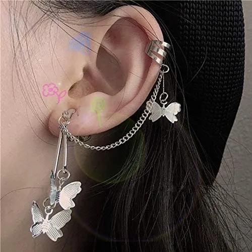Vista 5 de Aretes de cadena para mujer, aretes de borla de mariposa, aretes de cadena caída, regalos, Metal, Aleación.