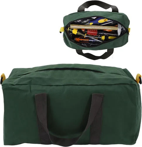 Vista 6 de Bolsa de herramientas portátil de lona de boca ancha de gran capacidad, bolsa de herramientas de mano con cremallera extra larga, bolsa