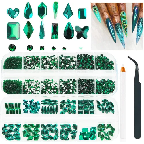 Vista 8 de 2680 gemas de uñas de diamantes de imitación negros, 120 dijes grandes para uñas negras con cuentas redondas brillantes de parte trasera plana