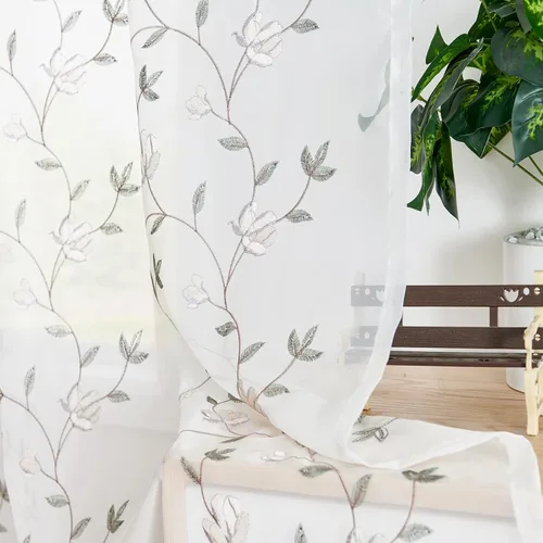 Vista 3 de jinchan Cortinas traslúcidas bordadas florales para sala de estar, cortinas semitransparentes para dormitorio, paneles de cortina bordados grises