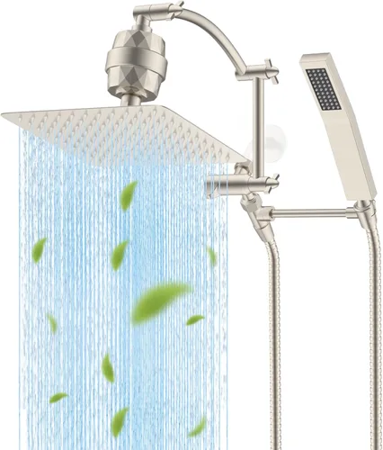 Vista 9 de Hibbent Cabezal de Ducha de Lluvia Filtrado Completamente Metálico de 10'' con Combo Manual, Vara de Ducha de Alta Presión, Brazo de Extensión