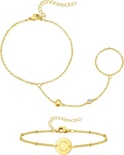 Vista 15 de Doubgood - Pulseras de oro para mujer, juego de 5 piezas, pulseras chapadas en oro de 14 quilates, conjuntos de joyería con cuentas elásticas