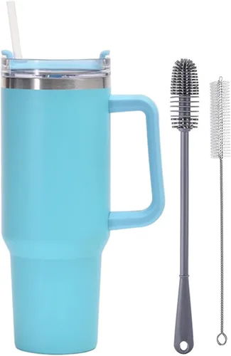 Vista 4 de Botella de agua aislada de acero inoxidable de 40 onzas con tapa con pajilla, vaso aislado al vacío de acero inoxidable con asa, vasos aislados Negro