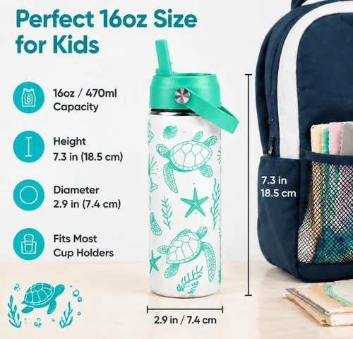 Vista 5 de Botella de agua de tortuga marina de 16 onzas para niños, botella aislada
