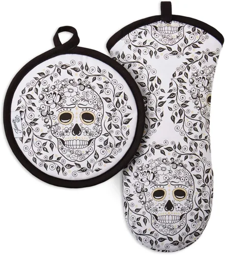 Fiesta Skull & Vine - Juego de manoplas de horno y soporte para ollas, multicolor de 6.5 x 13 pulgadas; 8 x 8 pulgadas