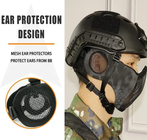 Vista 5 de Aoutacc Juego de máscara de malla y gorra de media cara, máscara táctica de malla plegable con protección para los oídos para pistola BB