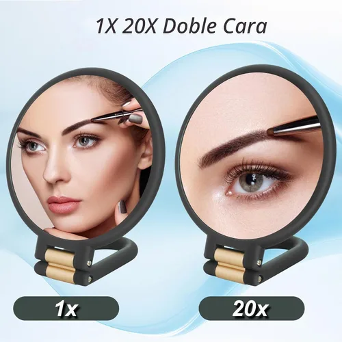 Vista 2 de 1 espejo de viaje con aumento, espejo de mano con mango - Espejo de mano de doble cara con 1 aumento de 20x y mango plegable, espejo de mano