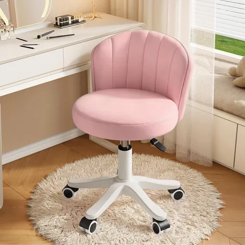 Vista 14 de Silla de escritorio redonda pequeña rodante sin brazos, silla de computadora cómoda con respaldo bajo de cuero PU, silla de trabajo ajustable