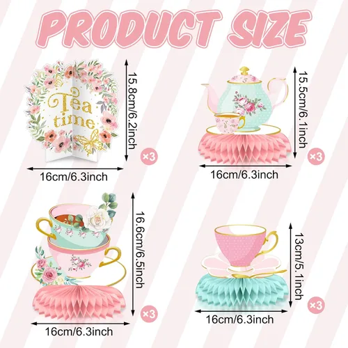 Vista 2 de 12 piezas de decoración de fiesta de té, tetera floral, centros de mesa de panal de abeja, decoración de mesa de fiesta de té para princesa