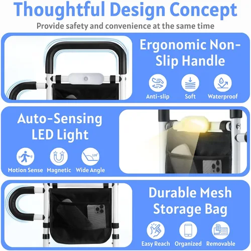 Vista 3 de Rieles para seguridad de adultos mayores, riel de asistencia médica con sensor de movimiento, luz LED y bolsa, pasamanos de barra de agarre de doble