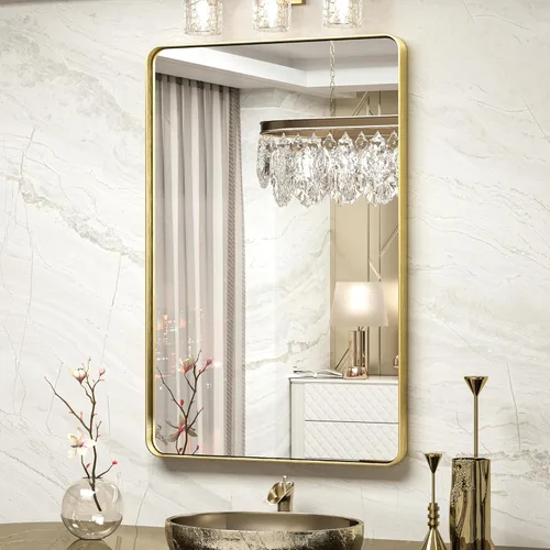 Vista 68 de TokeShimi Espejo de pared de baño de níquel cepillado de 20 x 30 pulgadas, marco de metal, esquina redonda, rectangular, para decoración del hogar