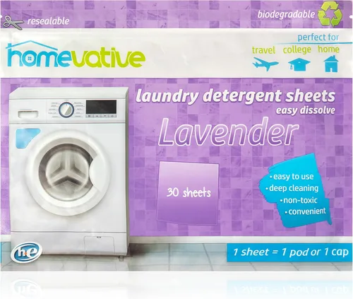 Vista 4 de Homevative Hojas de detergente para ropa, 30 hojas, hasta 60 cargas, fácil de disolver, lavanda, paquete ecológico, compatible con HE, apto