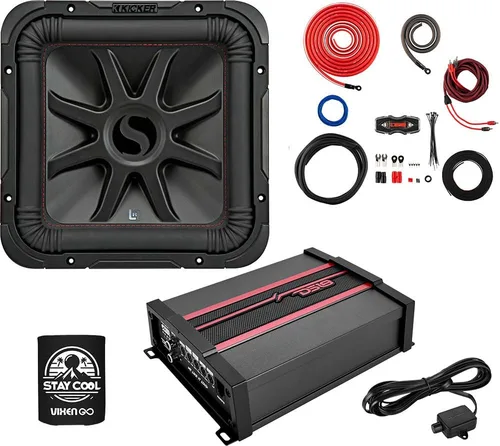 KICKER Subwoofer y amplificador paquete de 3 artículos: subwoofer L7R de 1200 vatios de 12 pulgadas, amplificador monobloque DS18 clase D y kit